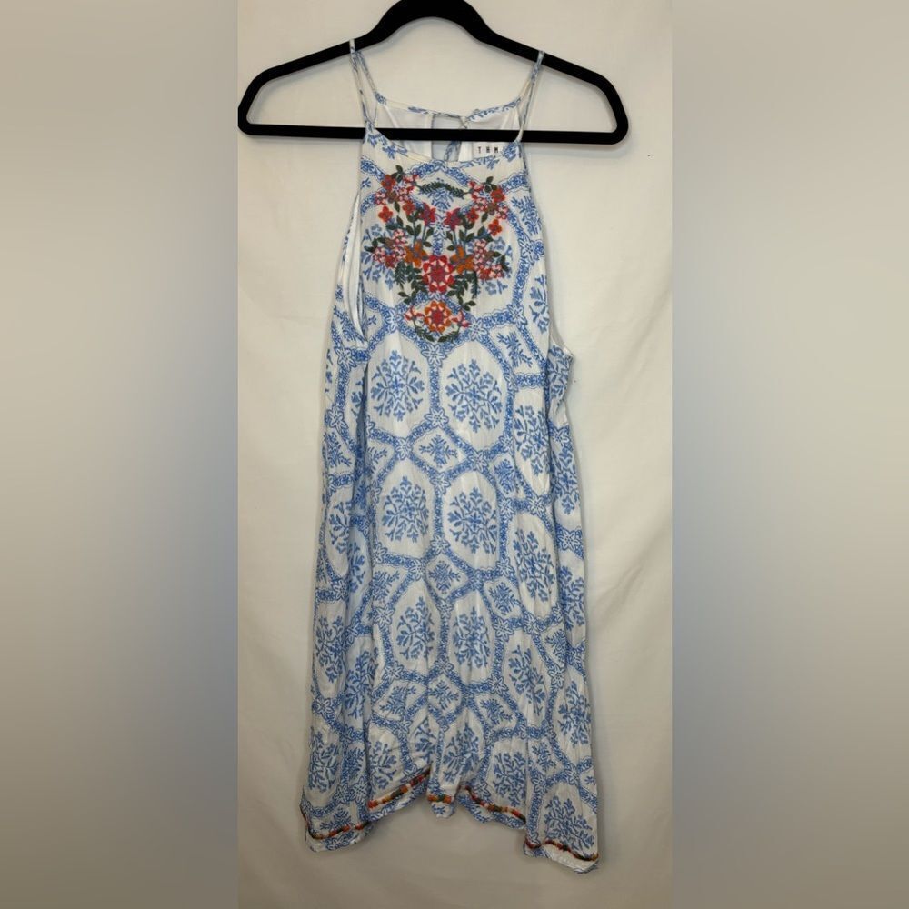 THML Blue and White Patterned Dress with Floral Embroidery